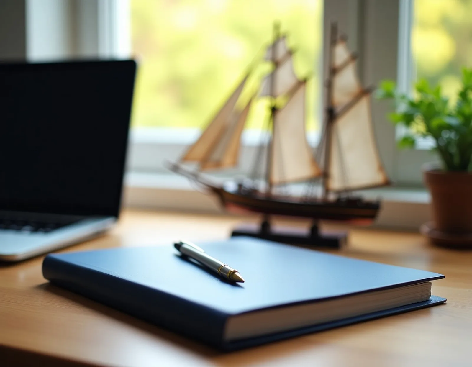 Wooden desk by a bright window with a closed navy folder, pen, laptop and a model sailing ship