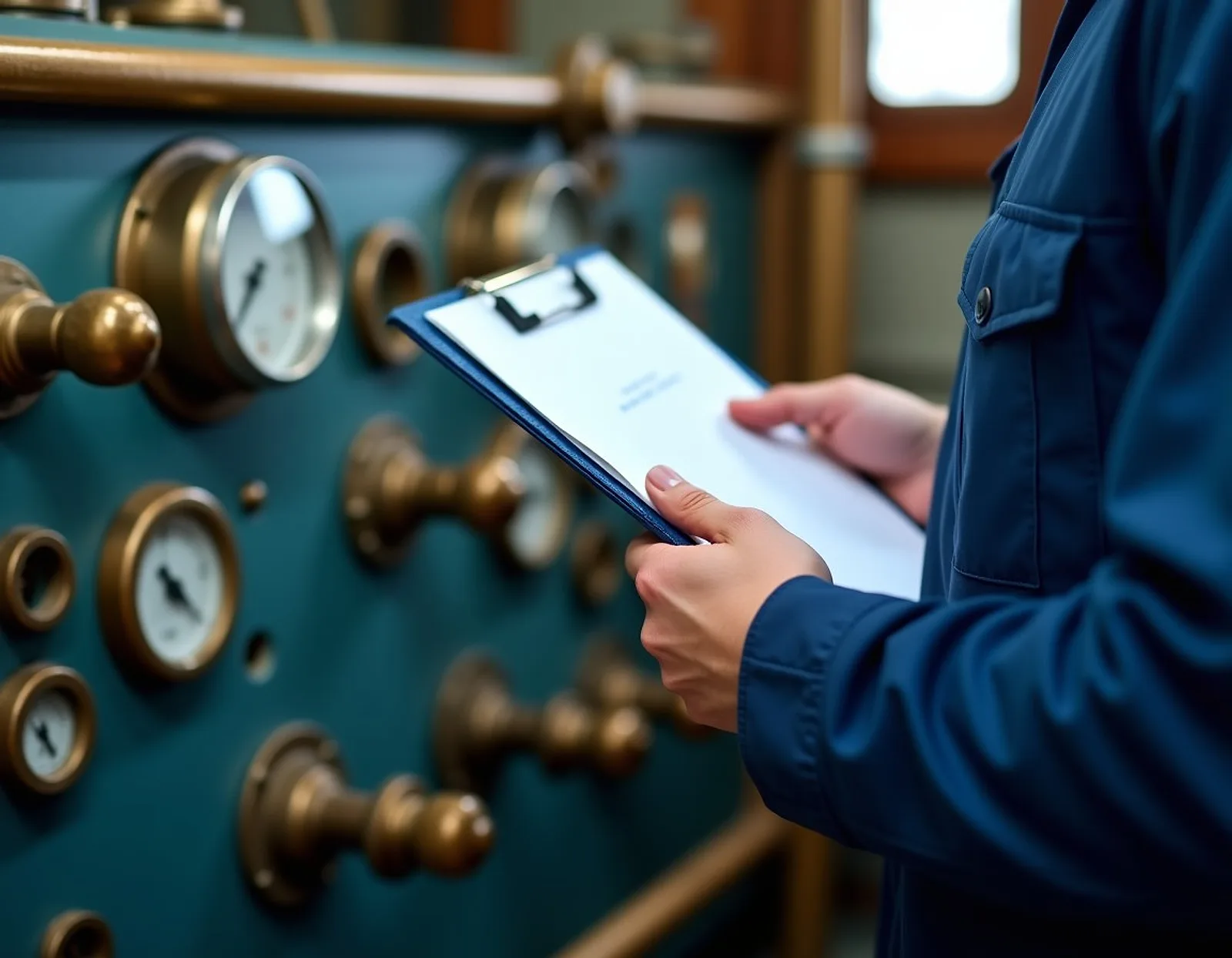 Engineer holding a clipboard beside a panel of brass analogue gauges and valves in a ship machinery space